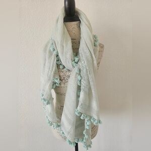 La Fiorentina Silk Cotton Blend Sheer Light Blue Tassel Scarf Wrap New With Tags